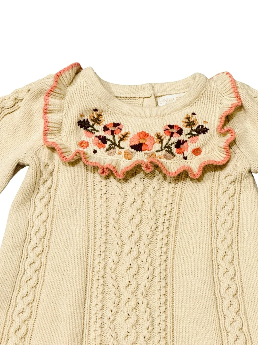 Cynthia Rowley Girls Ivory Knit Dress with Floral Embroidered Ruffle Collar